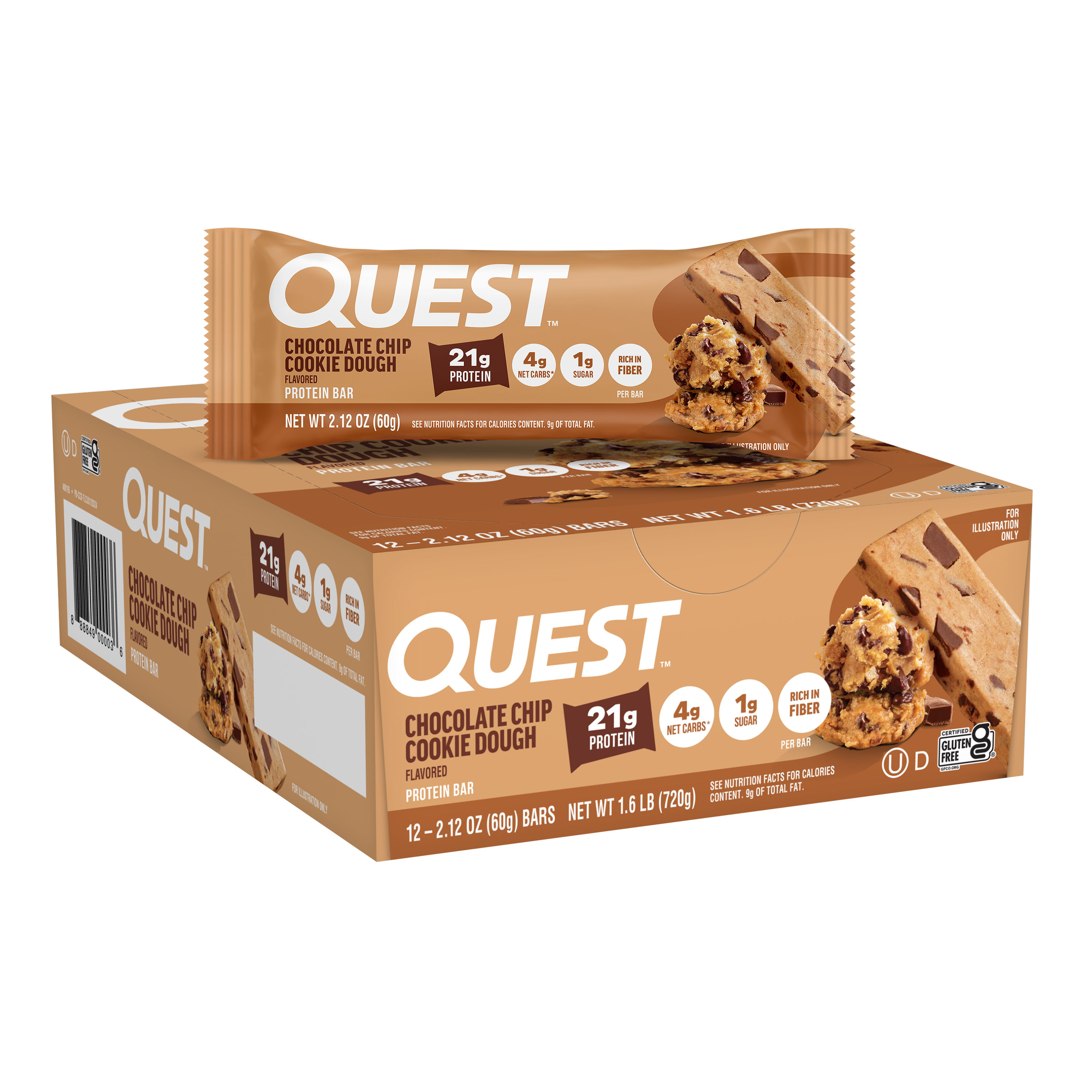 Quest Chocolate Chip Cookie Dough Flavored Protein Bar 12ct